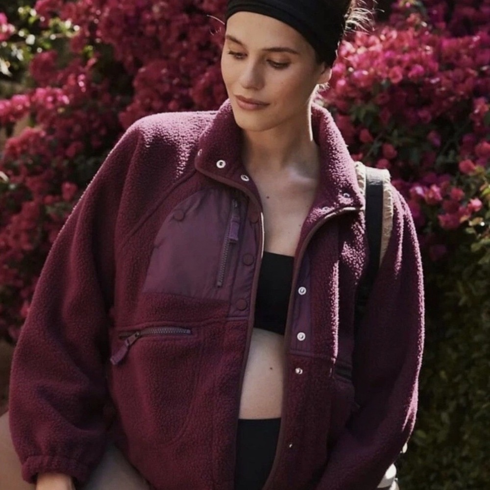 Women’s Maroon Sherpa Fleece Jacket - Casual Zip & Snap Front